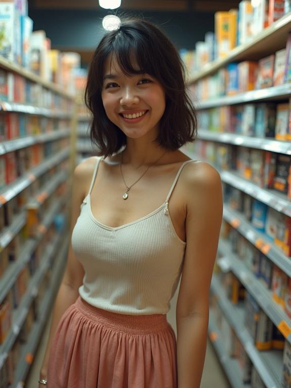 Woman in tank top and skirt at a movie rental shop looking for a movie. She wears a necklace and sandals, displaying a flirty smile.