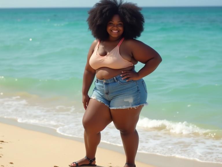 A confident chubby woman stands on the beach. She has an afro hairstyle and wears a peach top with a short denim skirt. She is smiling innocently and wearing casual beach sandals by the shoreline.