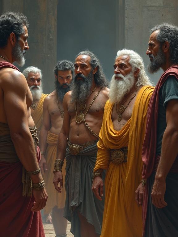 A dramatic scene depicting a group of elders questioning Karna. The elders exhibit skepticism and judgment. Karna appears quiet yet proud, with sadness in his eyes. Whispering crowd in the background shows disdain, while Dronacharya gestures dismissively and Bhima looks enraged.