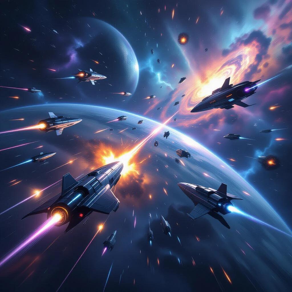 A space battle unfolds above a distant planet. Fleets of starships exchange laser fire and missile trails. Explosions light the void with vibrant colors. Energy shields deflect incoming blasts. Nebulae and stars fill the background. The composition is dynamic and chaotic. The art style is ultra-detailed and sci-fi themed.