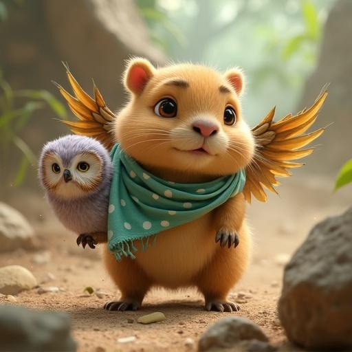 A capybara rescues an injured owl in a collapsing jungle. Capybara has golden-brown fur, big hazel eyes, a teal scarf, and damaged leaf wings. The owl has lavender feathers and is grateful. The scene is dynamic with falling stones and dust. The style is colorful and animated.