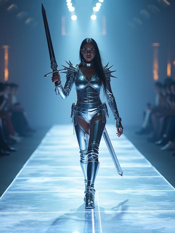 A confident girl model walks down the runway wearing chrome battlewear. She wields a sword and walks on a holographic runway. The scene is lit with pinpoint white spotlights and accent backglow. The model raises the sword high with one hand and gives a sharp look to the camera. The image captures the model in mid-stride at a low angle for a dynamic effect.