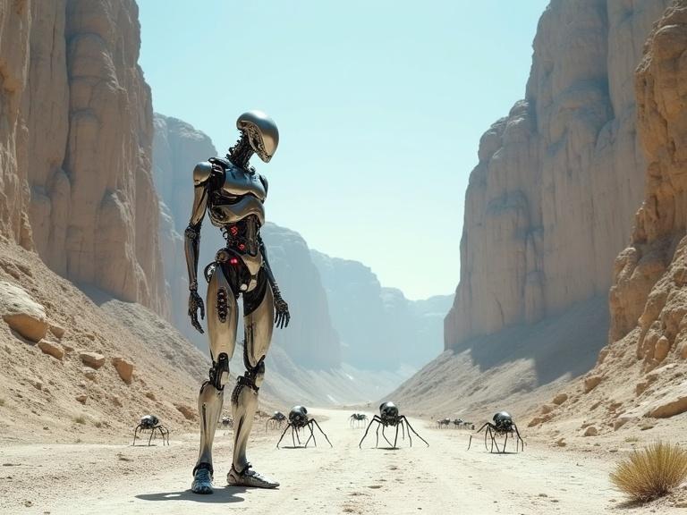 Create an image featuring a sleek silver metallic biomechanical cyborg in a desert canyon. Include red LED lights and organic flesh details. Background includes robot ants in a dry landscape with a blue sky and bright sunlight casting shadows.