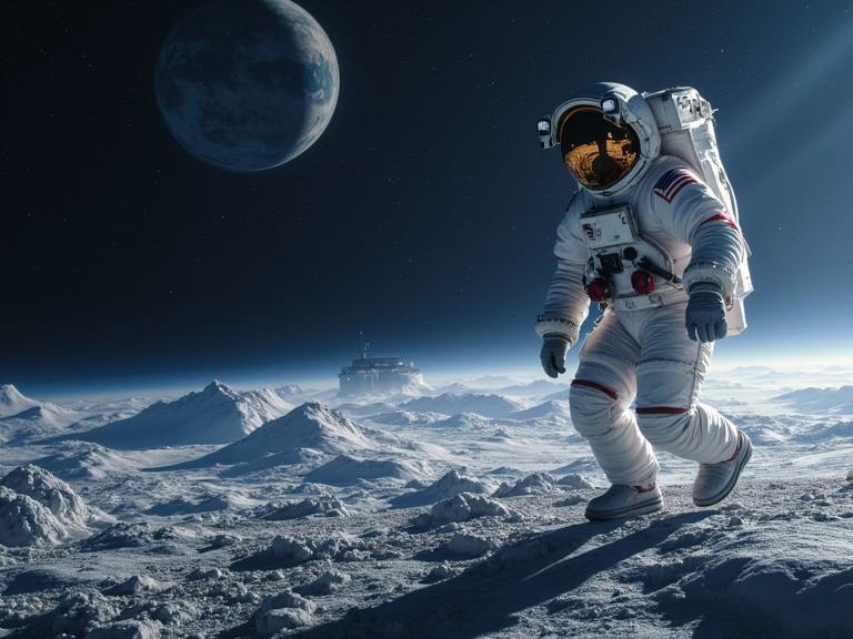 An astronaut in a space suit is walking on the moon's surface. The scene captures a dark space background with Earth visible in the distance. The lunar surface is rugged with craters and hills.