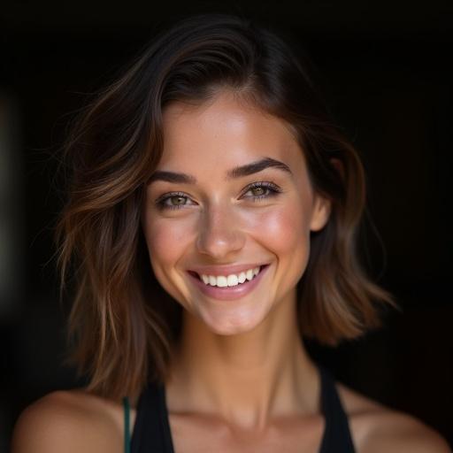 A full body photograph showcases an athletic woman smiling. She has medium-length tousled brown hair on the left side and an undercut on the right. Her skin has a warm tone with a natural look. Subtle dimples enhance her smile. The lighting is soft and studio-style. The background is dark and slightly blurred. She looks directly at the camera with a relaxed and genuine smile. The image is high-resolution and realistic.