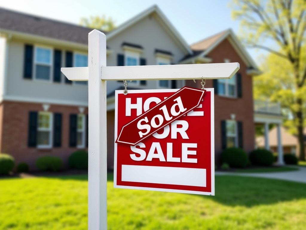 High detailed stock photography of home for sale sign showing sold sticker. Sign is white with red background and text. Background features two-story brick and siding house with black shutters, lawn, and trees indicating spring or summer. Image represents significant event in real estate.