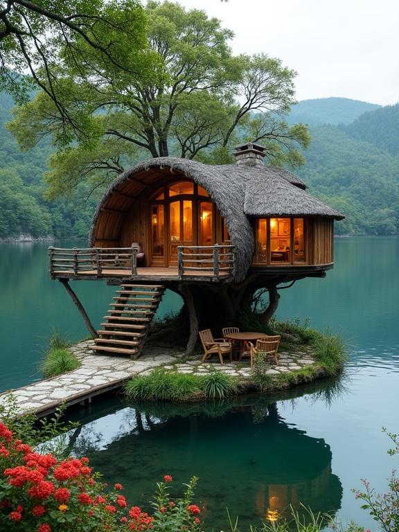 Charming circular treehouse on an island in a serene lake. Surrounded by lush green hills. Thatched roof with glowing interior lights. Features wraparound glass windows and wooden spiral staircase. White stone entrance road. Adorned with vibrant red flowers. Cozy seating area beside calm waters. Fusion of rustic architecture and natural beauty.