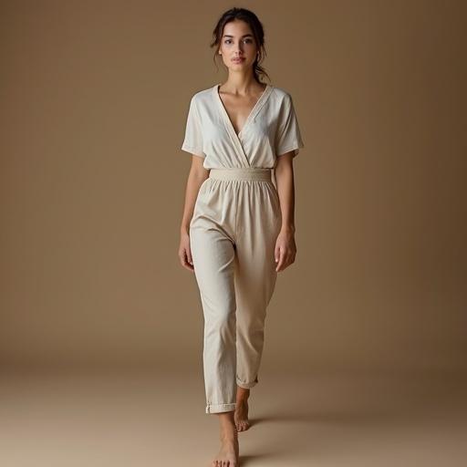 Portrait of a beautiful woman in a light linen outfit. Full body view. Elegant face with refined features and warm skin tone. Natural light brown hair tied back. Walking gracefully. Earthy tones in outfit. Soft natural background. Captures noble elegance.