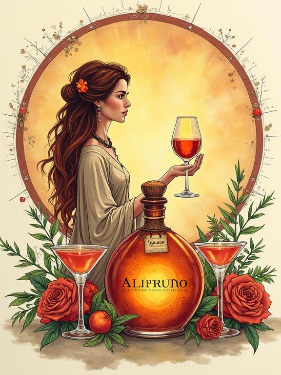 Modern germanic goddess offering toast with herbal liqueur with long cascading hair. Presenting apothecary-style liqueur bottle 'ALFRUNO' glowing in golden-reddish color. Two identical cocktail glasses beside the bottle with roses and rosemary. Composition set against beige background with floral patterns surrounding. Phrase elegantly displayed in typography.
