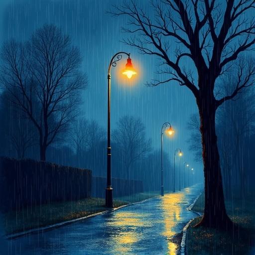 Album cover features a rainy night scene with illuminated lampposts. Watercolor style is utilized. A wet path reflects light. Dark trees are visible in the background. The atmosphere is serene and calm.