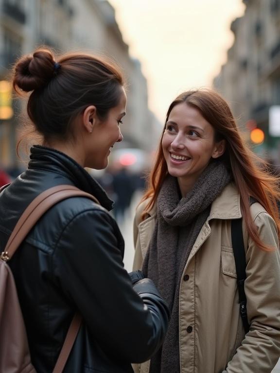 Beautiful scene of two women engaged in conversation on a street. One woman appears to be reporting.