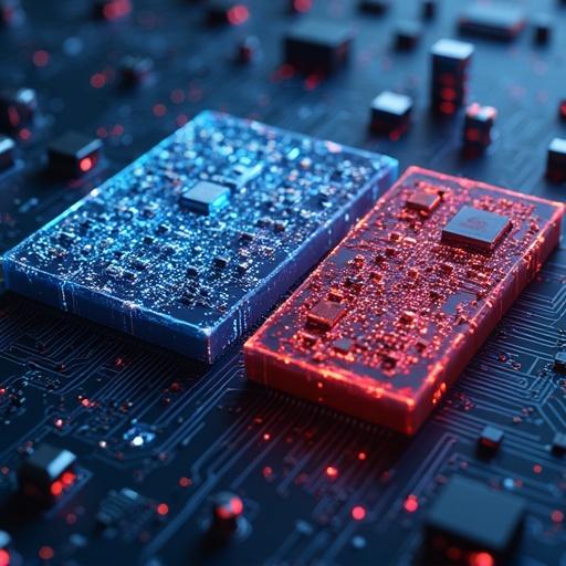 High-detail visual comparison between integrated circuits. Left side shows normal integrated circuit in blue tones with netlist structure labeled 'Normal Circuit'. Right side features Trojan-infected circuit in red tones with hidden trigger module labeled 'Malicious Circuit (Trojan)'. Sci-fi aesthetic, cold background, annotating differences with arrows and text. Highlighted circuits reflect light to emphasize features.