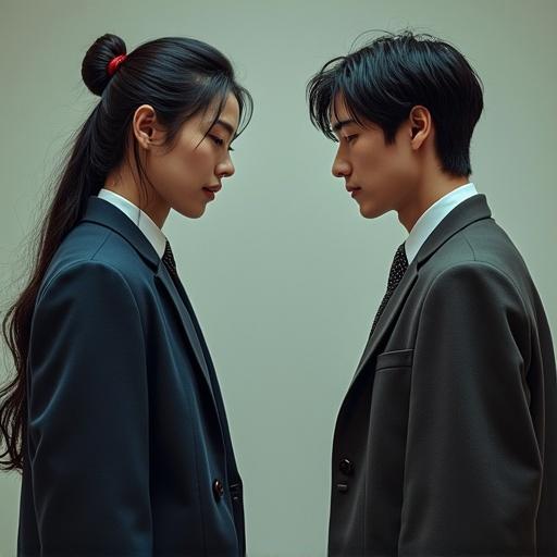 Image depicts two anime characters. One character has long hair styled in a bun. The other has short hair styled to the side. They face each other with intense expressions. Both wear formal suits. Background is plain to emphasize characters.