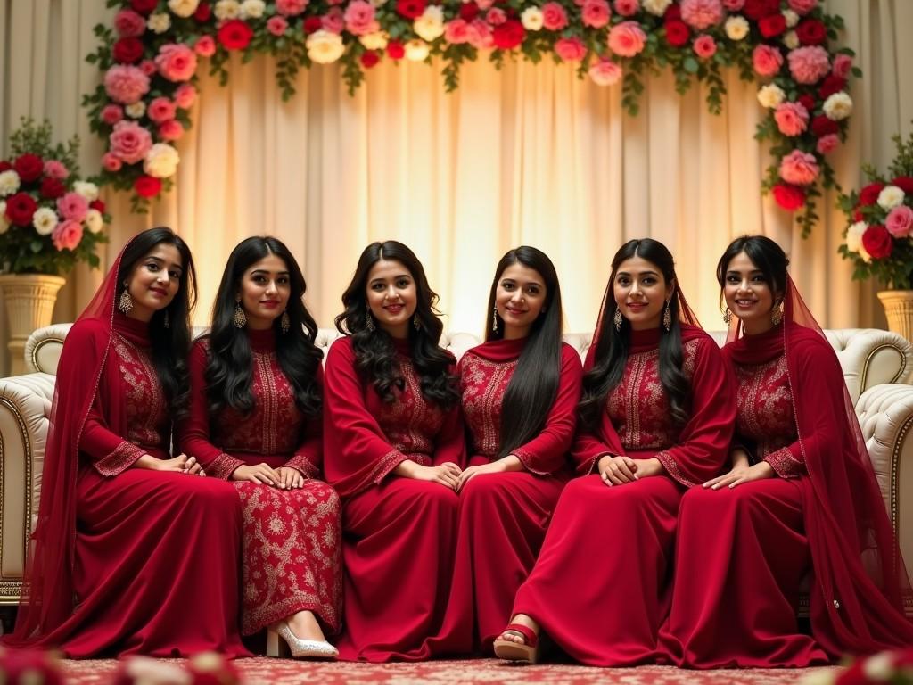 The image features a group of six women dressed in elegant red traditional dresses. They are sitting together in a beautifully decorated space adorned with floral arrangements in the background. Each woman has long, flowing hair and is exuding confidence and grace. The setting is warm and inviting, perfect for a cultural or bridal event. The focus is on their camaraderie and elegance, making it a delightful visual representation of celebration and style.