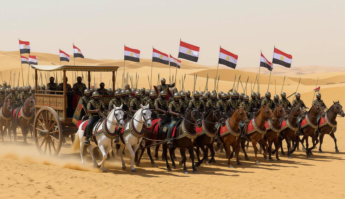 Egyptian army gathering in a desert landscape. Aligned chariots and soldiers are ready to depart. Sand dunes reflect sunlight in the background. The scene captures historical and cultural significance.