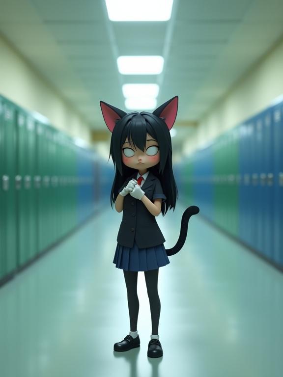 Full-body shot of a young female humanoid cat. She has glossy black fur and long black hair. Dressed in a black blazer white shirt red tie blue skirt and black shoes. Standing alone in a school hallway with green and blue lockers. Looks sad and isolated. Polished floor reflects overhead lights. Subtle shadows enhance her solitude. Clean and detailed render.