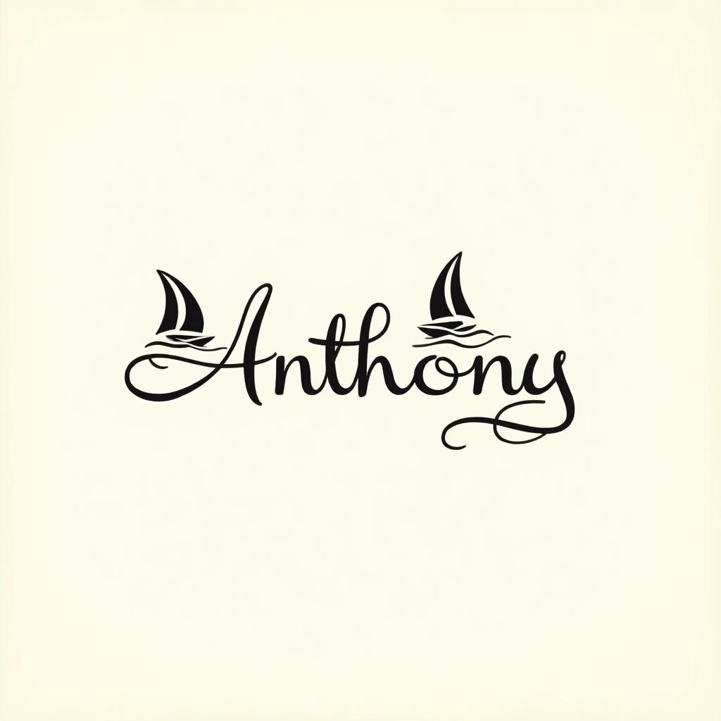 Cursive name 'Anthony' with sailing elements. Black text on beige background. Elegant and stylish design.