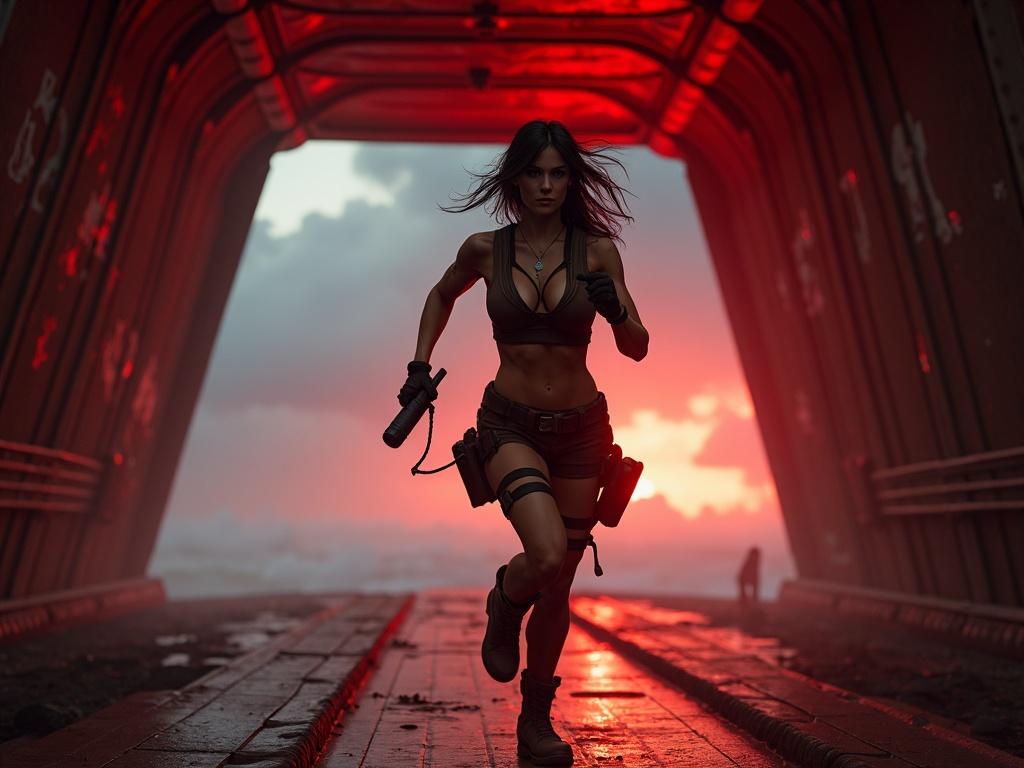 Cinematic view of cargo plane rear gate. Lara Croft running toward open gate. Rope-bound hands holding grenade. Dark brown crop top and tactical shorts. Rugged boots. Hair flowing in motion. Red interior light against chaotic sky.
