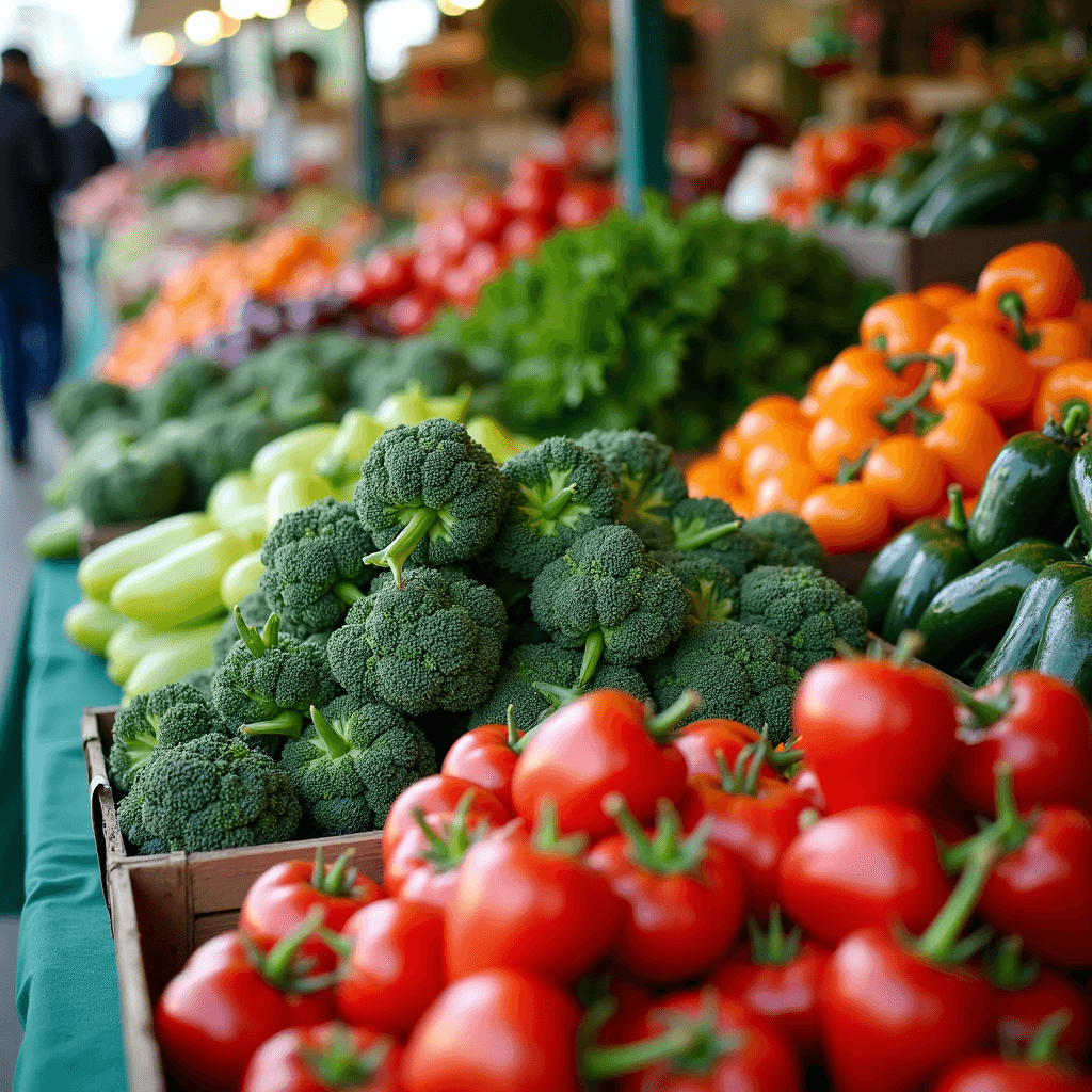 Fresh vegetables displayed at a bustling market stall.