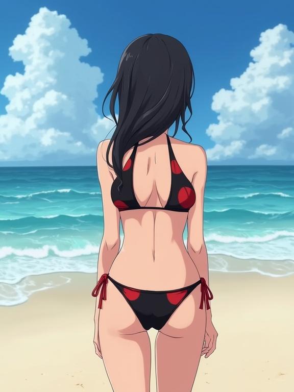 Anime style image. Girl at the beach. Black bikini with red spots. She is standing by the ocean.