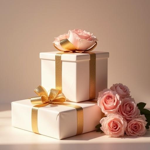 Stack of white glowing gifts with gold ribbons and light pink roses sparkling in bright light. No dark shadows present.