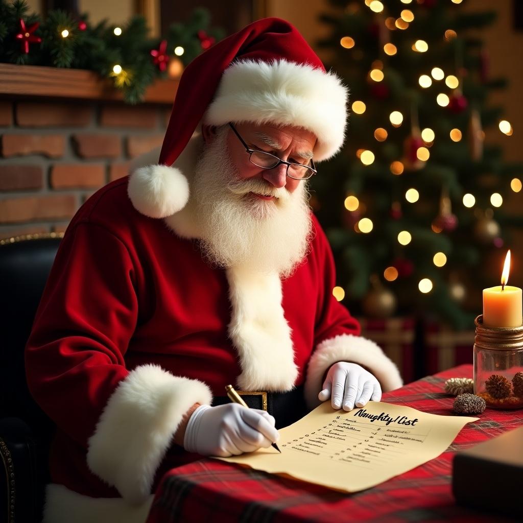 Santa Claus in a festive scene writing on parchment labeled Naughty List. Christmas decorations present. Warm lighting enhances cozy atmosphere.