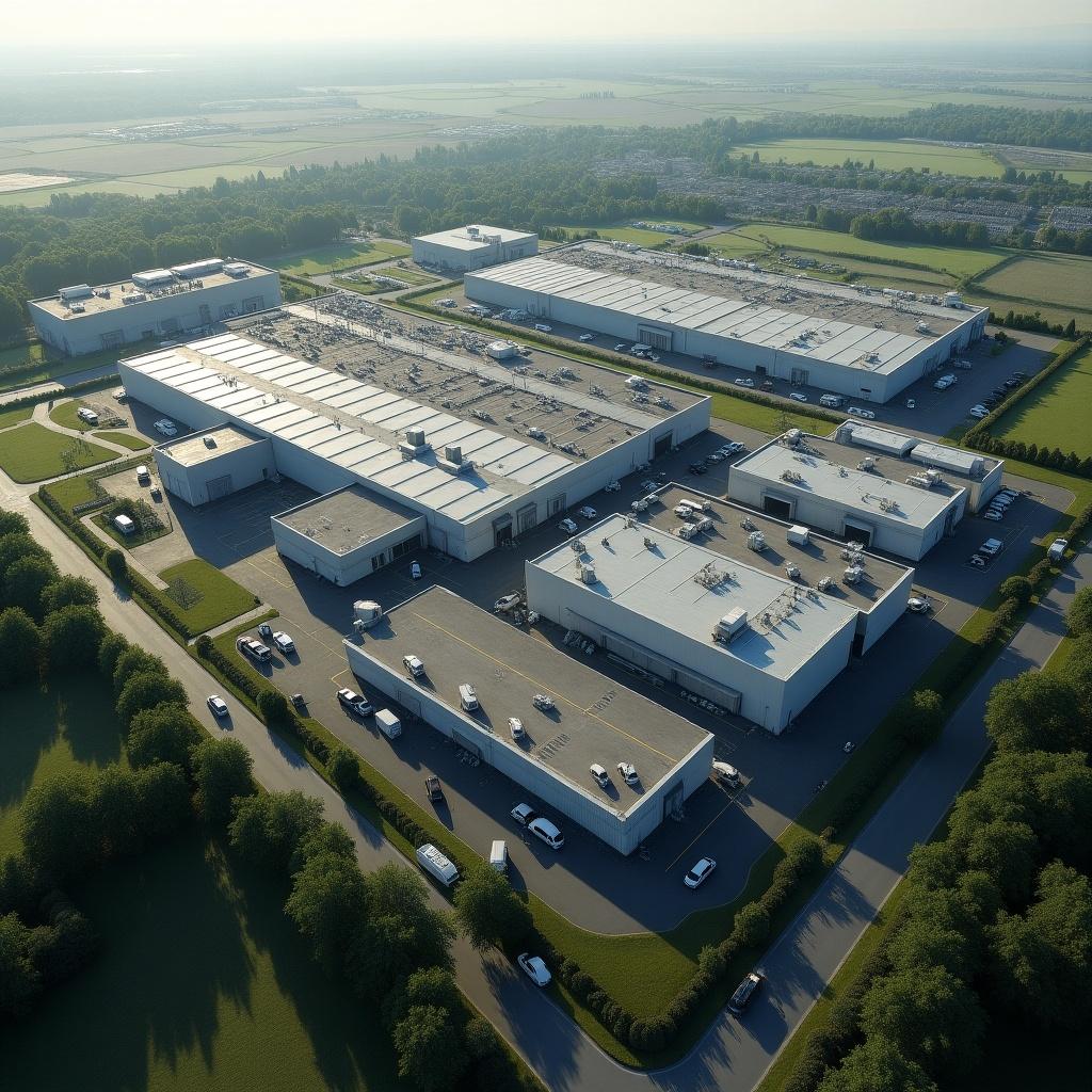 Realistic aerial image showing an industrial area. Large buildings and warehouses are visible. Roads with vehicles and green vegetated areas surround the buildings.