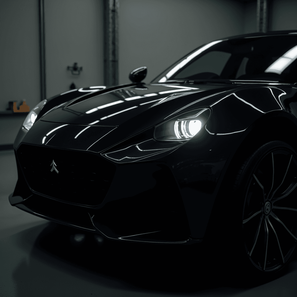 A luxurious black sports car with illuminated headlights, showcasing elegant curves and a shiny finish in a dimly lit garage.