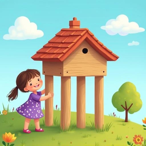 A young girl joyfully building a small wooden house on five pillars in an outdoor setting. She has no facial features and wears a purple dress with white flowers against a bright blue sky with clouds and a green landscape.