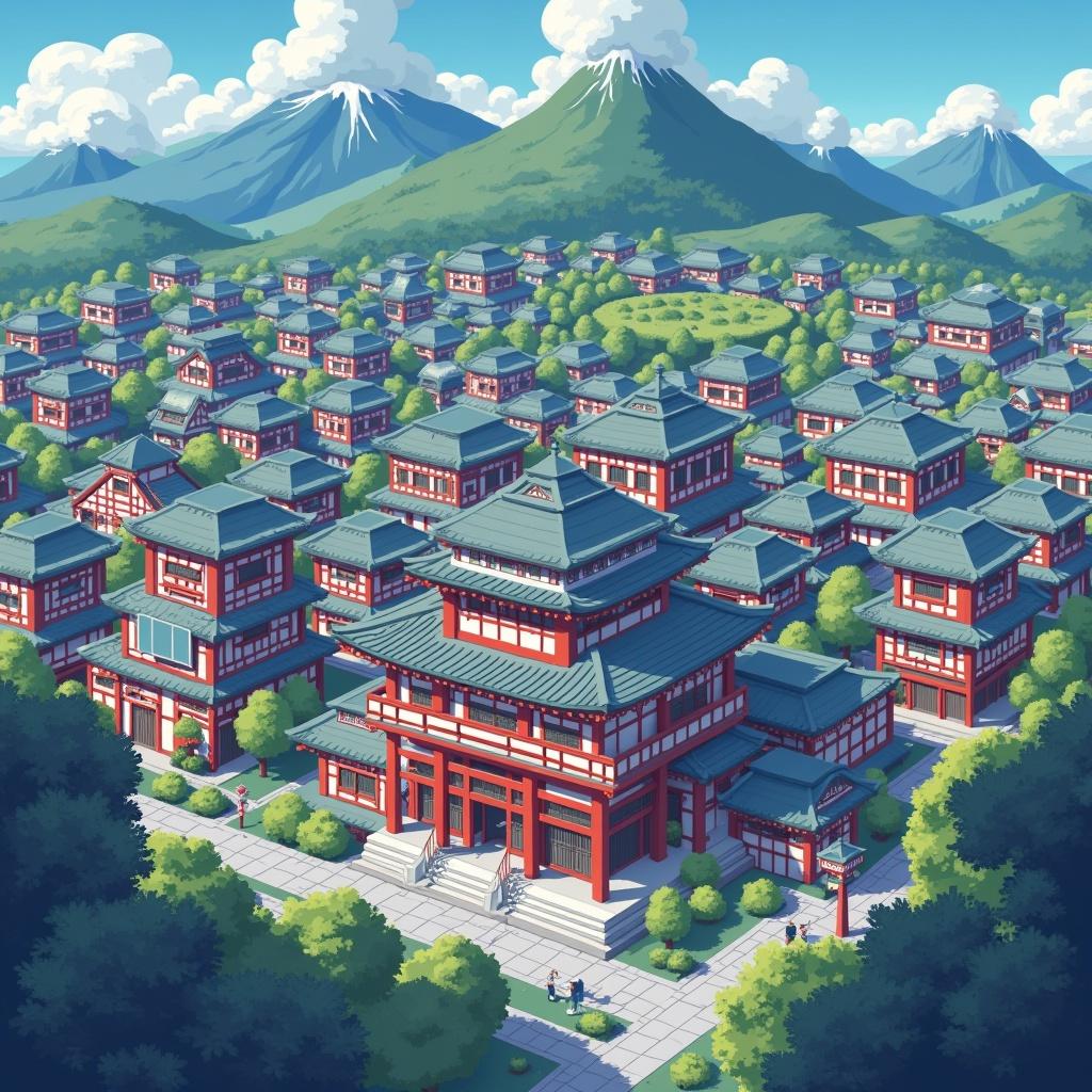 Pixel art illustrating a traditional Japanese city from a top-down view. The city features buildings in a classic style with red accents surrounded by green landscapes and mountains.