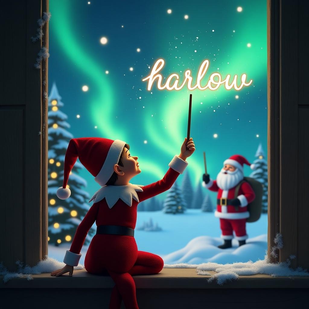 This image depicts the Elf on the Shelf with its back facing the viewer, gazing up into the enchanting sky. The elf is using a magic wand to write 'harlow' in elegant script among the sparkling stars. In the background, Santa Claus stands cheerfully, with a snowy landscape and trees adorned with colorful lights. The northern lights create a breathtaking, magical glow in the sky, enhancing the festive atmosphere. This scene captures the essence of whimsy and holiday spirit, perfect for children and families during the Christmas season.