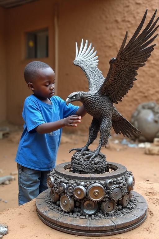 Child in blue shirt interacts with an eagle sculpture made of scrap metal. Eagle has wings spread and is on a circular base of gears and bolts. Background is a mud wall, giving a workshop feel. Scene emphasizes creativity and recycling.