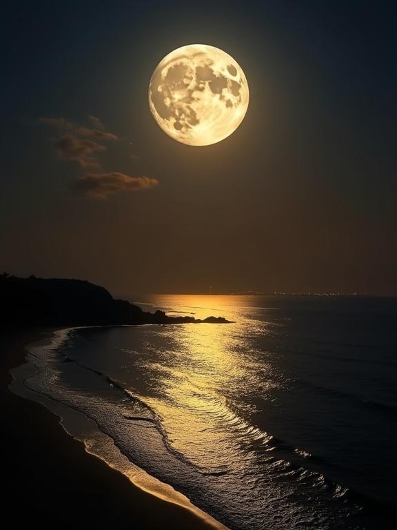 Image shows a full moon in a nighttime sky over water. Moon is large and detailed with craters. Light creates a shimmering reflection on the water. Sky transitions from deep blue-black to warm orange-brown. Water reflects light in gold and silver shades. Wispy clouds partially veil the moon. Gentle waves create ripples. Dark shoreline is visible.
