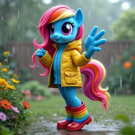 Rainbow Dash character from Equestria Girls with rainbow-colored hair. Standing in a garden on a rainy day. Wearing a stylish waterproof jacket and pants with rainbow stripes. Vibrant rain boots with red soles. Expressing joy in a rain dance.