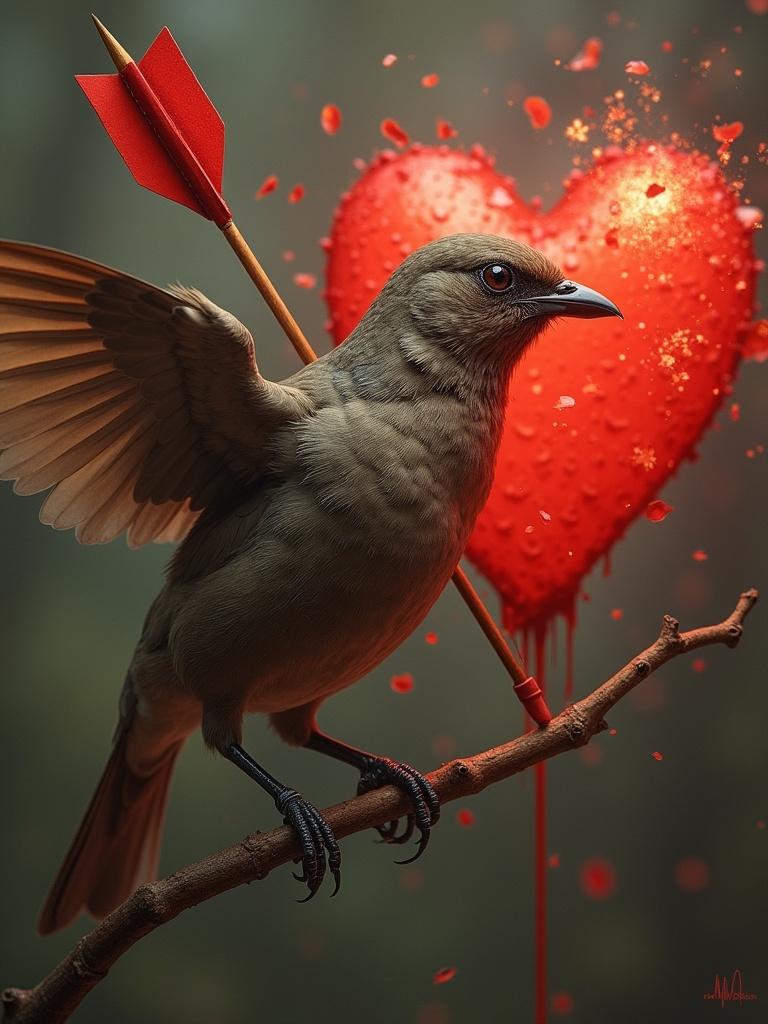 A bird with a Cupid's arrow breaking a red heart in two. The scene shows vibrant colors and a striking emotional effect. The background resembles a nature setting with soft focused elements.