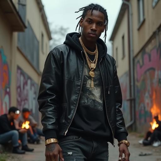Realistic male popstar in gritty urban setting. Dark brown skin, intense hazel eyes, short dreadlocks. Face tattoos including cross and barcode. Gold grills and scar over eyebrow. Wears black leather bomber jacket and distressed graphic hoodie. Baggy dark jeans and black combat boots. Layered gold chains and rings. Surrounded by graffiti, broken streetlights, and smoke. Cinematic atmosphere with surveillance drones, kids on phones, and garbage fires.