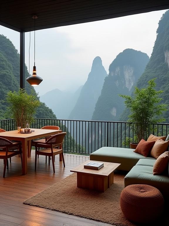 Image features a serene outdoor living space on a balcony. Breathtaking mountain landscape in background. Cozy furniture arranged comfortably. Warm, inviting atmosphere created by natural elements. Lush greenery enhances connection with nature.