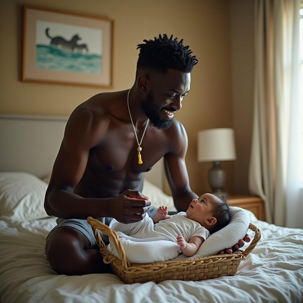 A man is in a bedroom interacting with an infant in a handwringer. Soft, natural light fills the room. The scene captures a warm and intimate family moment.