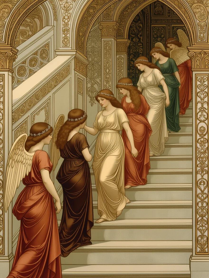 Edward Burne-Jones painting features numerous cupids and female angels climbing stairs. Ornate silk robes in earth tones are depicted. The artwork is ultra-detailed and showcases a high resolution. Pre-Raphaelite style is prominent throughout the image.