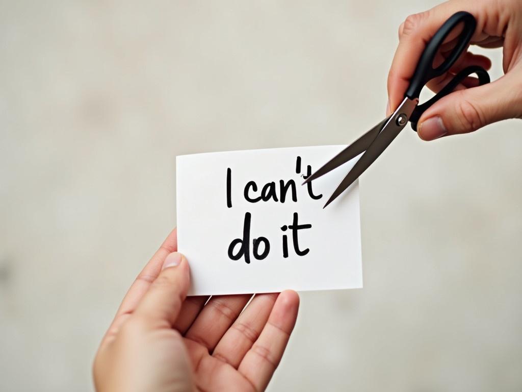 A hand is holding a small card with the handwritten message 'I can't do it'. The card is white with bold black lettering. In the other hand, a pair of scissors is poised just above the text, as if preparing to cut through the card. The background is blurred, resembling a light beige or gray color, which keeps the focus on the action of cutting. This scene symbolizes overcoming self-doubt and turning 'I can't' into 'I can' by cutting the negative words away.