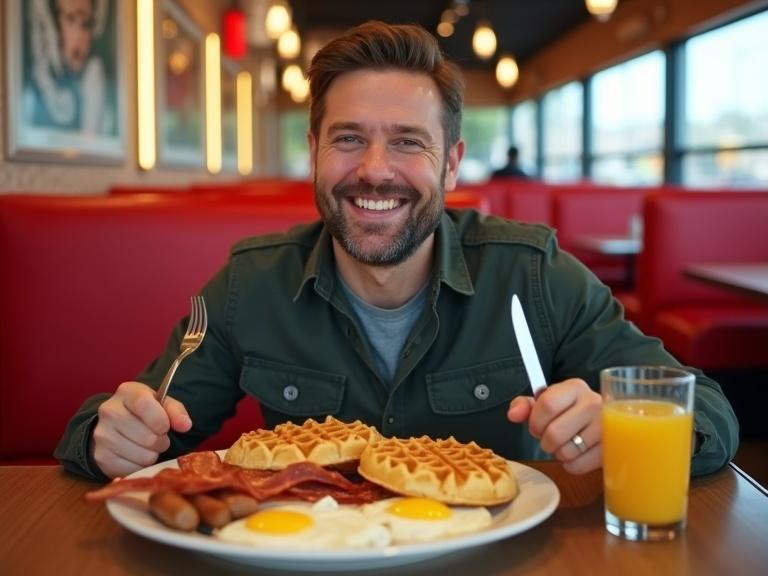 A smiling man sits at a classic American diner. Bold red booths and shiny retro interior surround him. He holds knife and fork, ready to eat a breakfast plate. Breakfast includes golden brown waffles, sunny-side-up eggs, crispy bacon, and sausages. A glass of orange juice is beside him. The scene feels warm and inviting, full of energy.