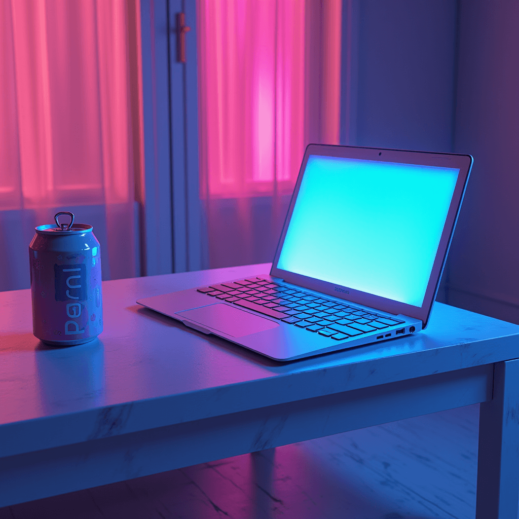 A laptop with a glowing blue screen and a soft drink can on a white table, illuminated by pink and blue neon lights.