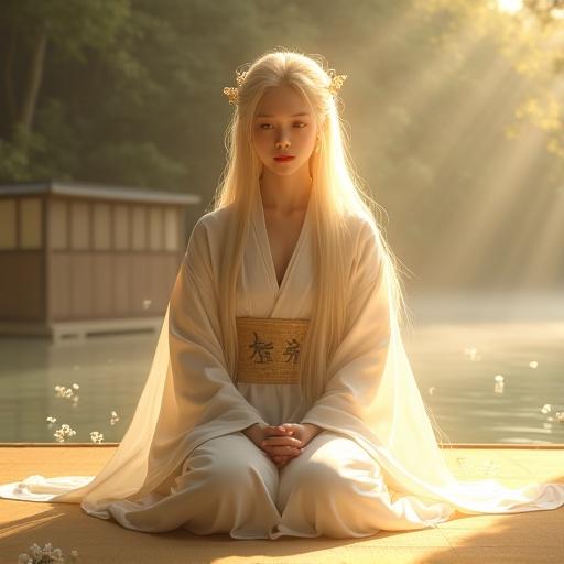 A full body portrait of an ethereal young woman seated gracefully in traditional Japanese robes. The woman has flowing pale golden hair and a calm expression. She sits in seiza posture on a tatami mat, surrounded by soft morning mist and golden light. Her robes are white, gold, and faint crimson with natural patterns and small wildflowers. The atmosphere is serene and mystical.