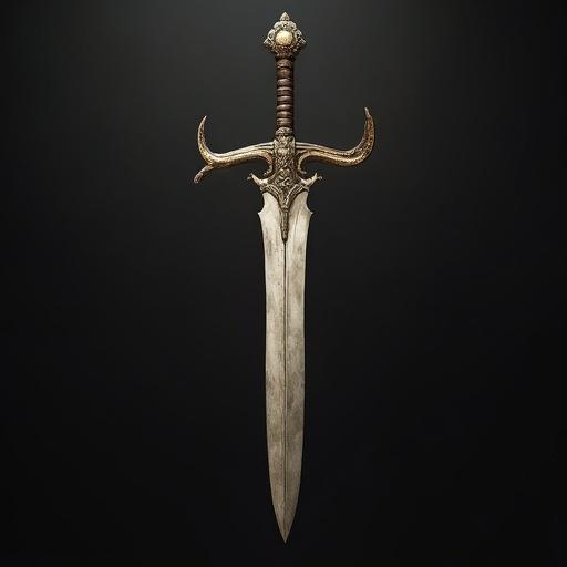 Detailed image of a sword with a tusk-shaped blade. Ornate handle with decorative elements. Dark background enhances the sword's features.