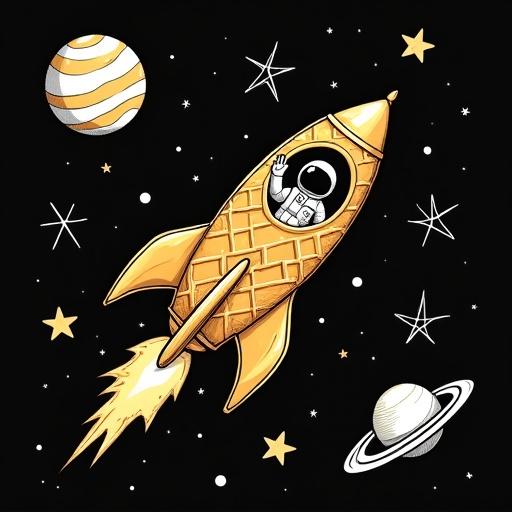 A rocket ship made from food items soars through space with a waffle body and crepe wings. An astronaut waves from a window. Dark background filled with stars and planets in simple line art.