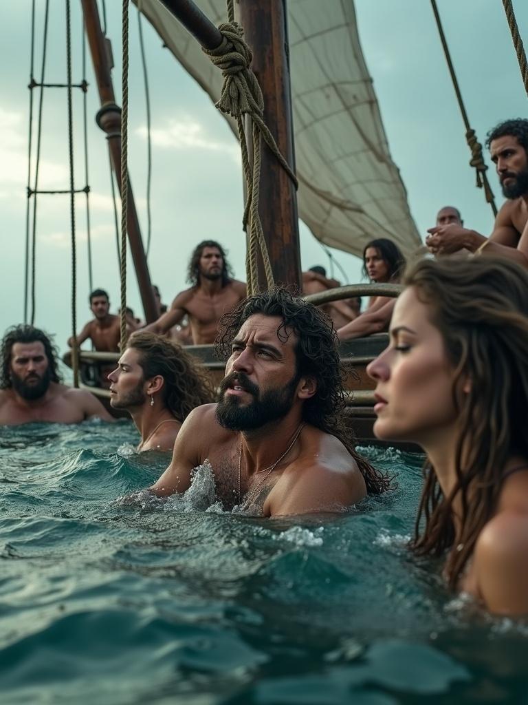 Odysseus tied to a mast surrounded by sailors. Sailors row with heads down, ears covered. Sirens swim around, half-woman half-fish. Cloudy dramatic sky creating tension and magic. Cinematic lighting highlights emotional intensity.