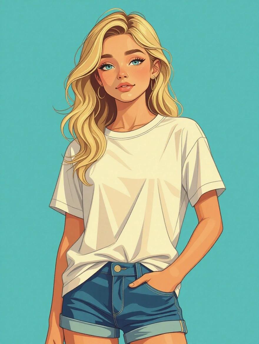 Drawing of a character with long blonde hair and a feminine face. The character wears a white t-shirt and denim shorts. The pose is casual with a hand on hip. Background is a light blue color.