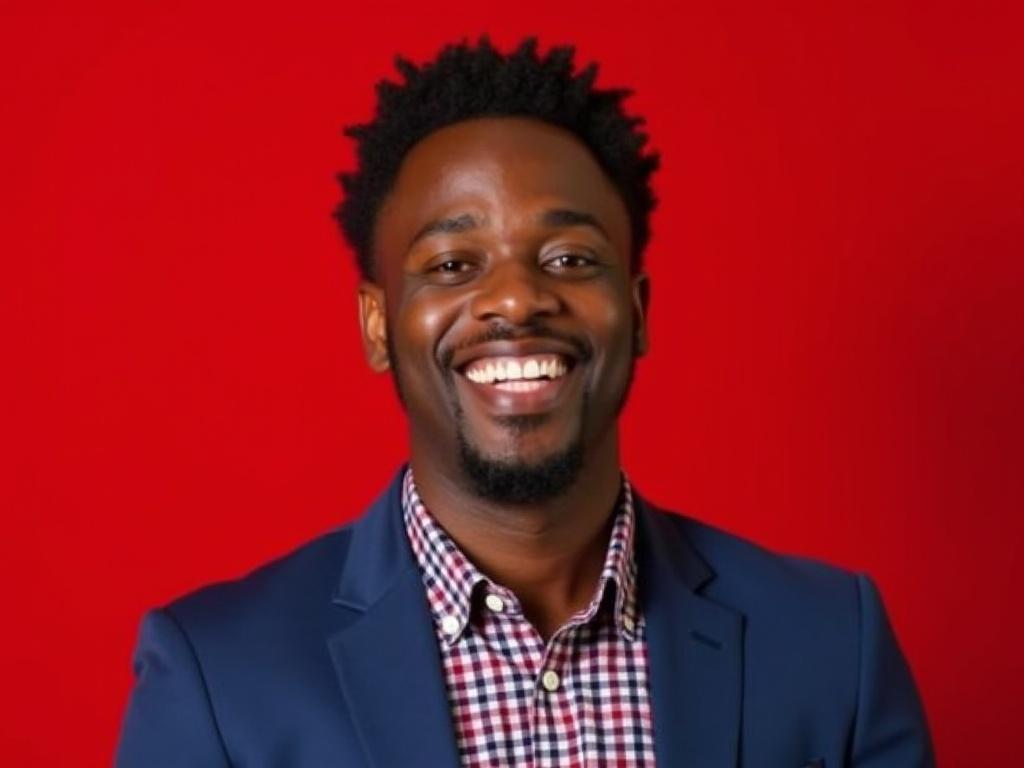 The image depicts a smiling man of African descent. He has short, curly hair and a medium brown skin tone. He wears a blue suit jacket over a checked patterned shirt. The background is a rich red color, adding warmth to the composition. The lighting is bright, enhancing his cheerful expression. Overall, the image conveys a sense of friendliness and approachability.