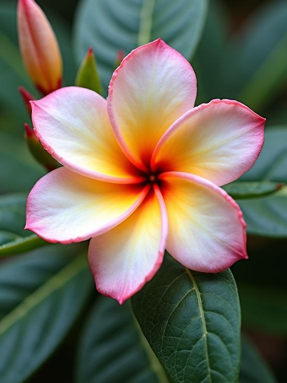 Close-up view of a Plumeria flower showcasing intricate petals and vibrant colors with green leaves in the background.
