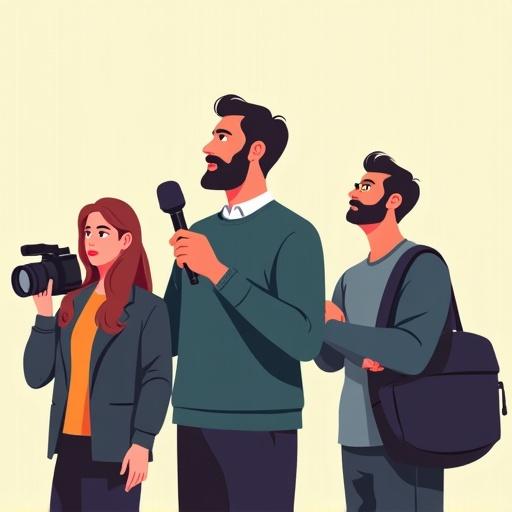 Three media professionals depicted in a stylized illustration. A broadcaster in a green sweater holds a microphone. A photographer with a camera stands to his right. A journalist with a laptop and bag is behind him. All characters gaze upward with hopeful expressions.